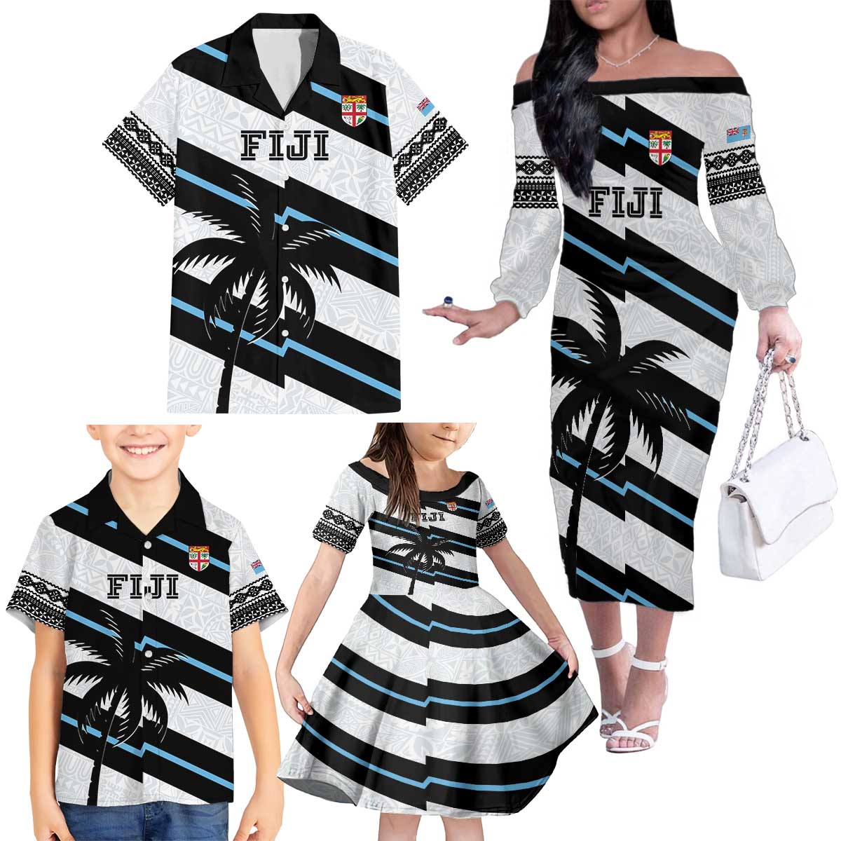 Custom Fiji 2024 Rugby Family Matching Off The Shoulder Long Sleeve Dress and Hawaiian Shirt Fijian Tapa Pattern - Wonder Print Shop