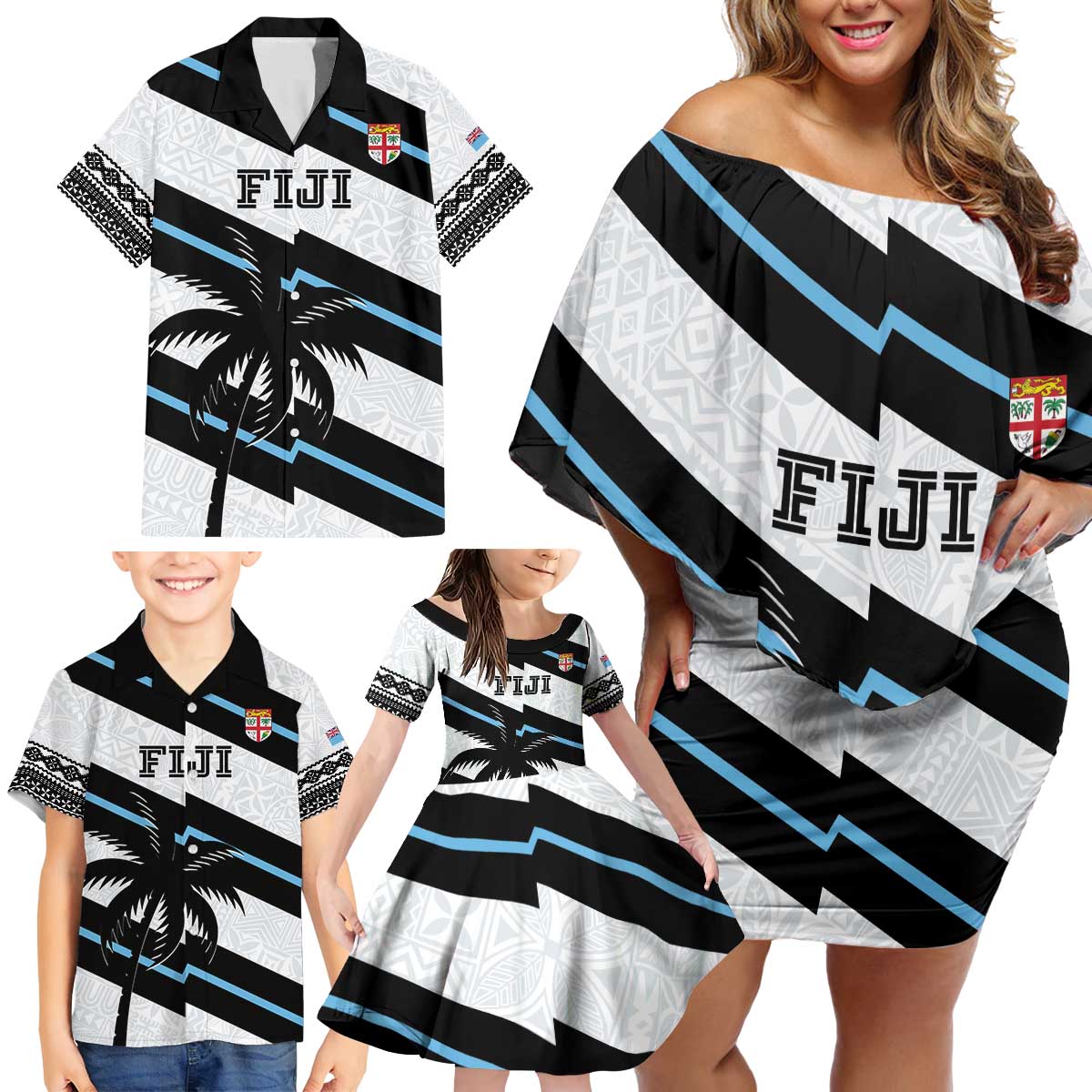 Custom Fiji 2024 Rugby Family Matching Off Shoulder Short Dress and Hawaiian Shirt Fijian Tapa Pattern - Wonder Print Shop