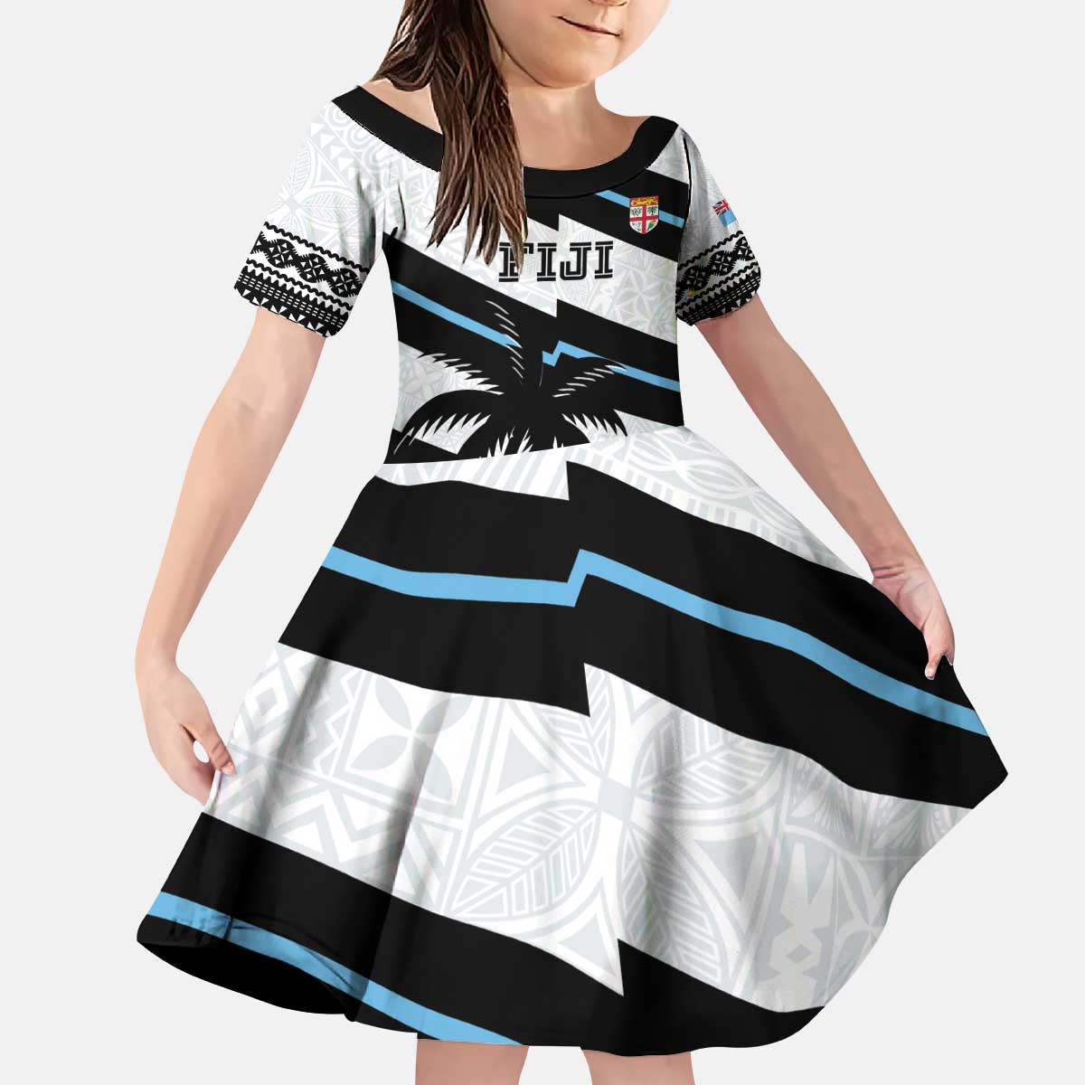 Custom Fiji 2024 Rugby Kid Short Sleeve Dress Fijian Tapa Pattern - Wonder Print Shop