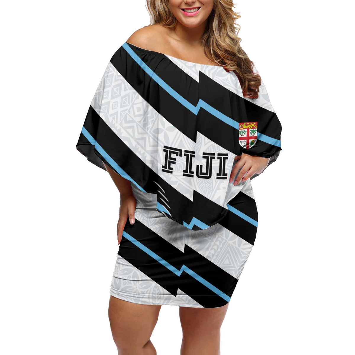 Custom Fiji 2024 Rugby Off Shoulder Short Dress Fijian Tapa Pattern - Wonder Print Shop