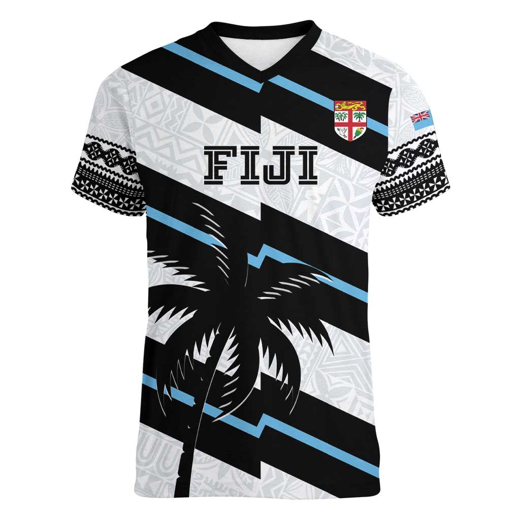 Custom Fiji 2024 Rugby Women V-Neck T-Shirt Fijian Tapa Pattern - Wonder Print Shop