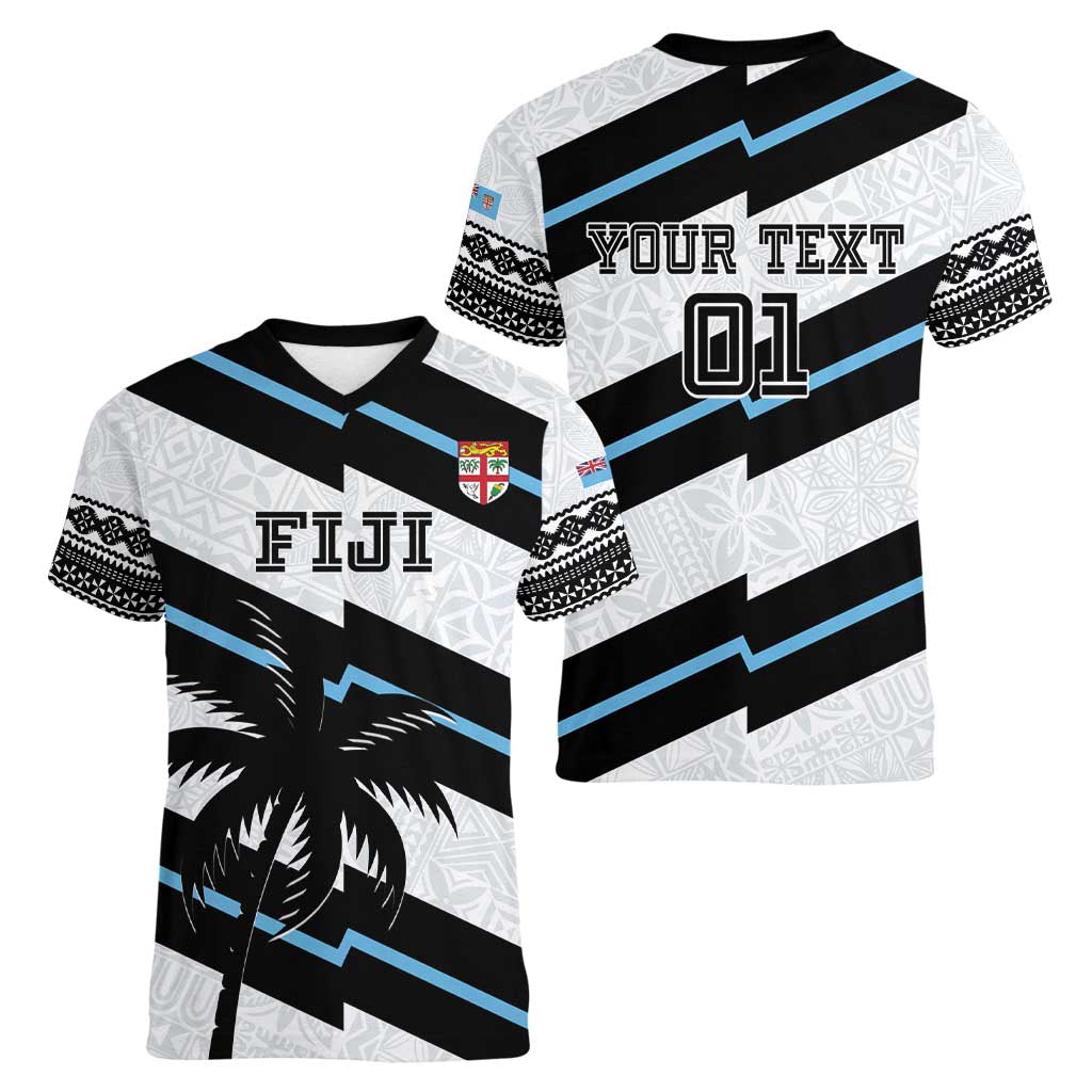 Custom Fiji 2024 Rugby Women V-Neck T-Shirt Fijian Tapa Pattern - Wonder Print Shop