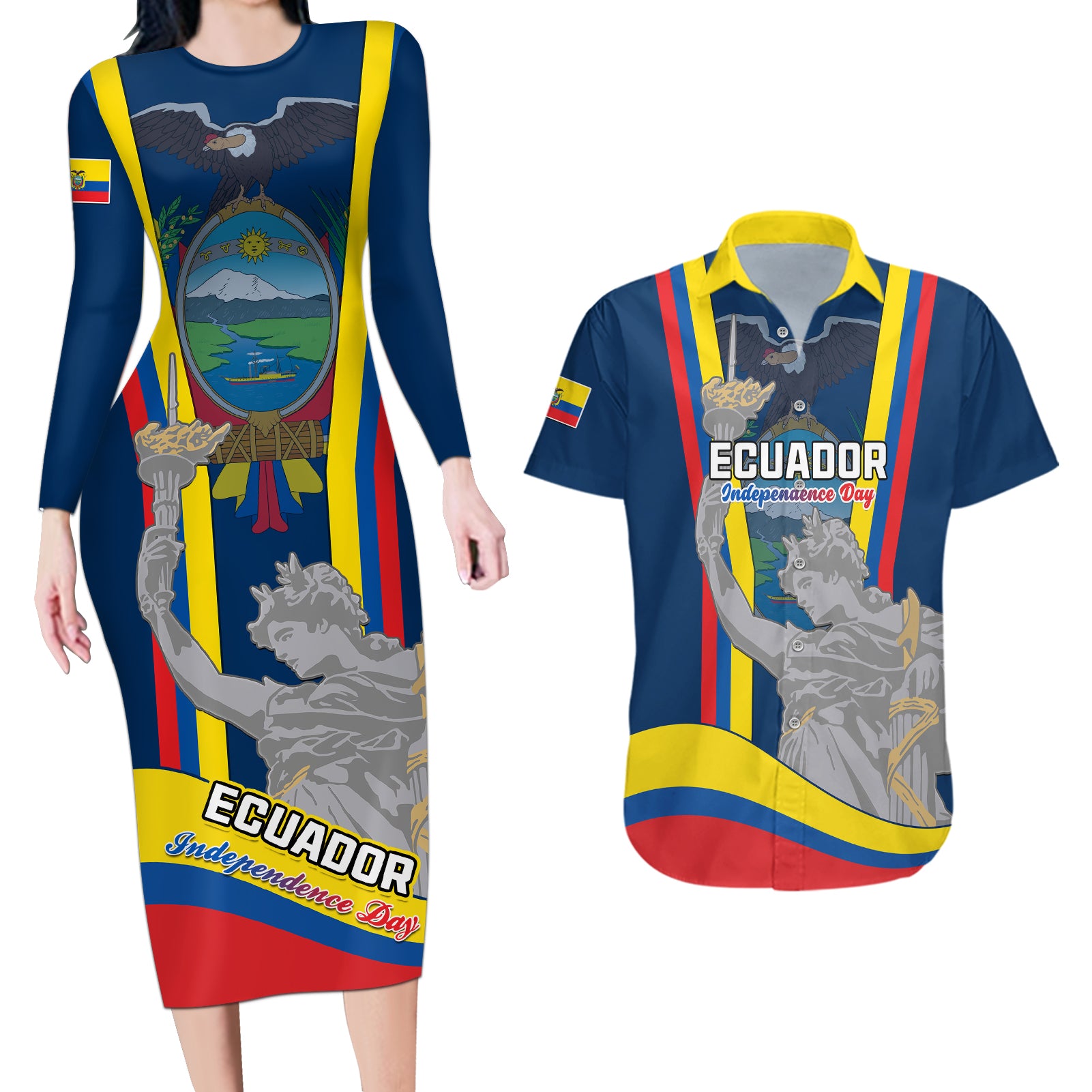 ecuador-independence-day-couples-matching-long-sleeve-bodycon-dress-and-hawaiian-shirt-monumento-a-la-independencia-quito-10th-august
