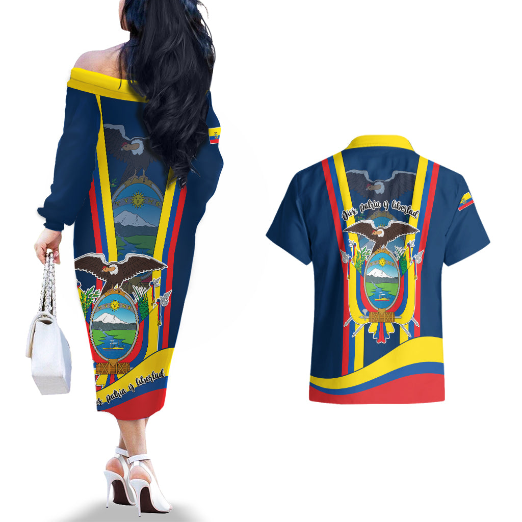 Ecuador Independence Day Couples Matching Off The Shoulder Long Sleeve Dress and Hawaiian Shirt Monumento a la Independencia Quito 10th August - Wonder Print Shop