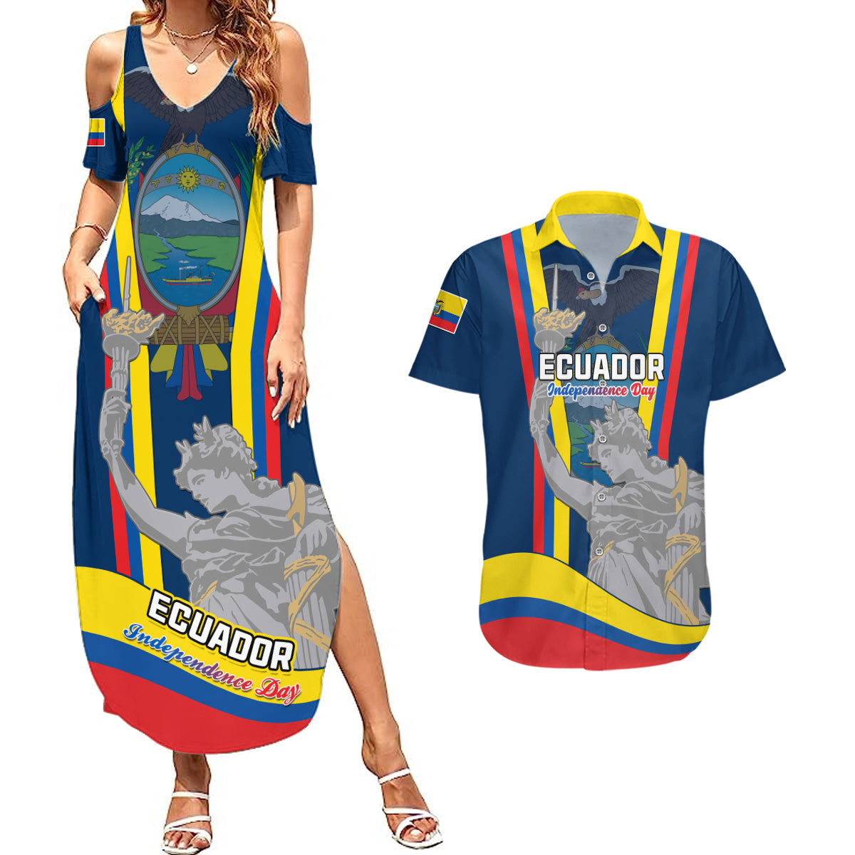 Ecuador Independence Day Couples Matching Summer Maxi Dress and Hawaiian Shirt Monumento a la Independencia Quito 10th August - Wonder Print Shop