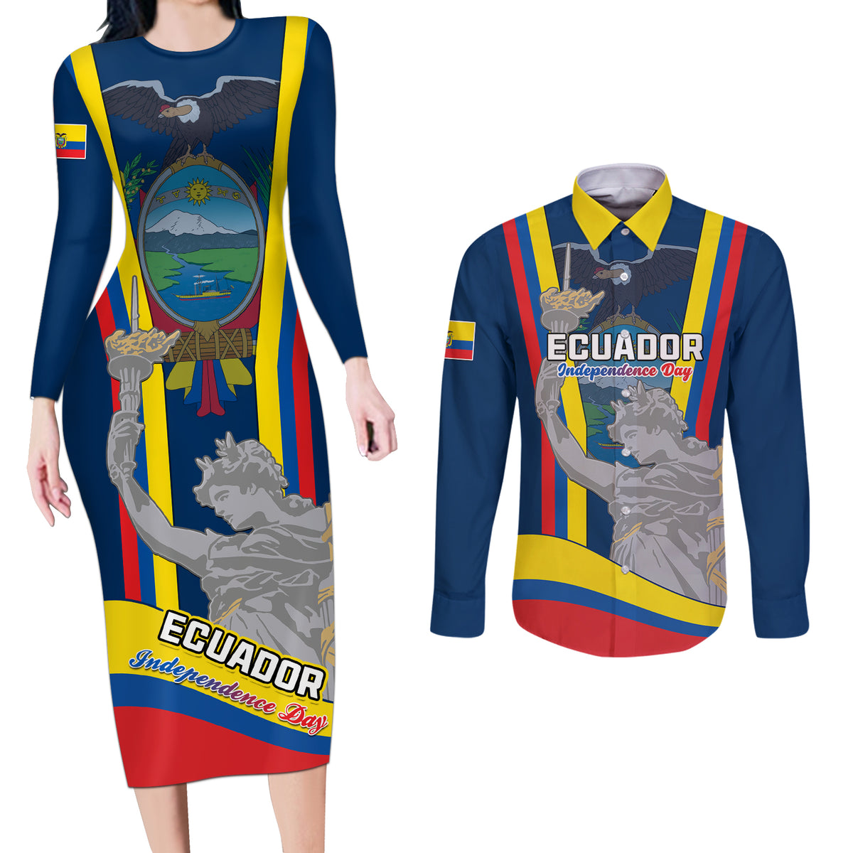 Custom Ecuador Independence Day Couples Matching Long Sleeve Bodycon Dress and Long Sleeve Button Shirts Monumento a la Independencia Quito 10th August - Wonder Print Shop