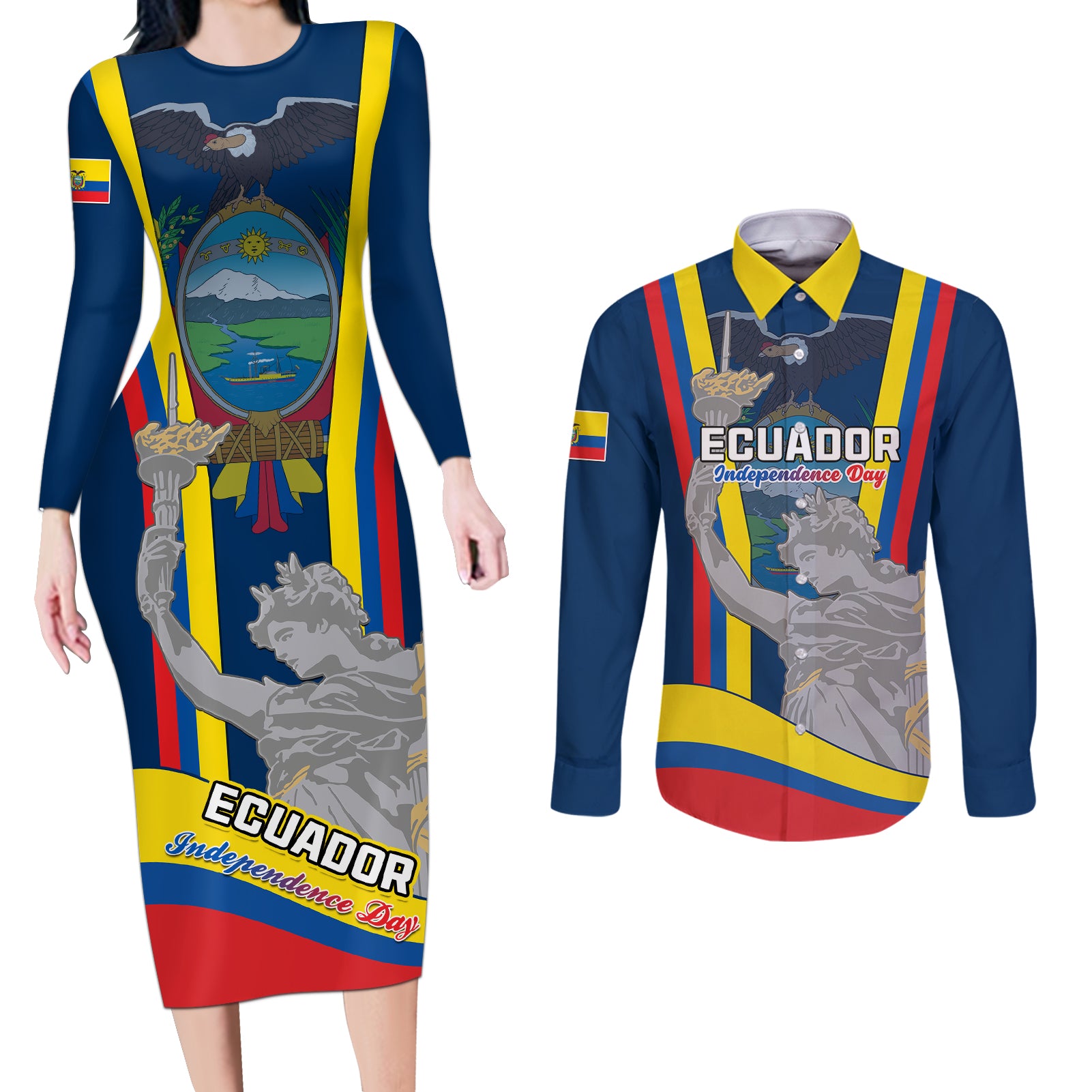 custom-ecuador-independence-day-couples-matching-long-sleeve-bodycon-dress-and-long-sleeve-button-shirts-monumento-a-la-independencia-quito-10th-august