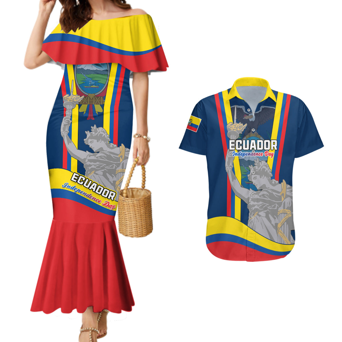 Custom Ecuador Independence Day Couples Matching Mermaid Dress And Hawaiian Shirt Monumento a la Independencia Quito 10th August - Wonder Print Shop