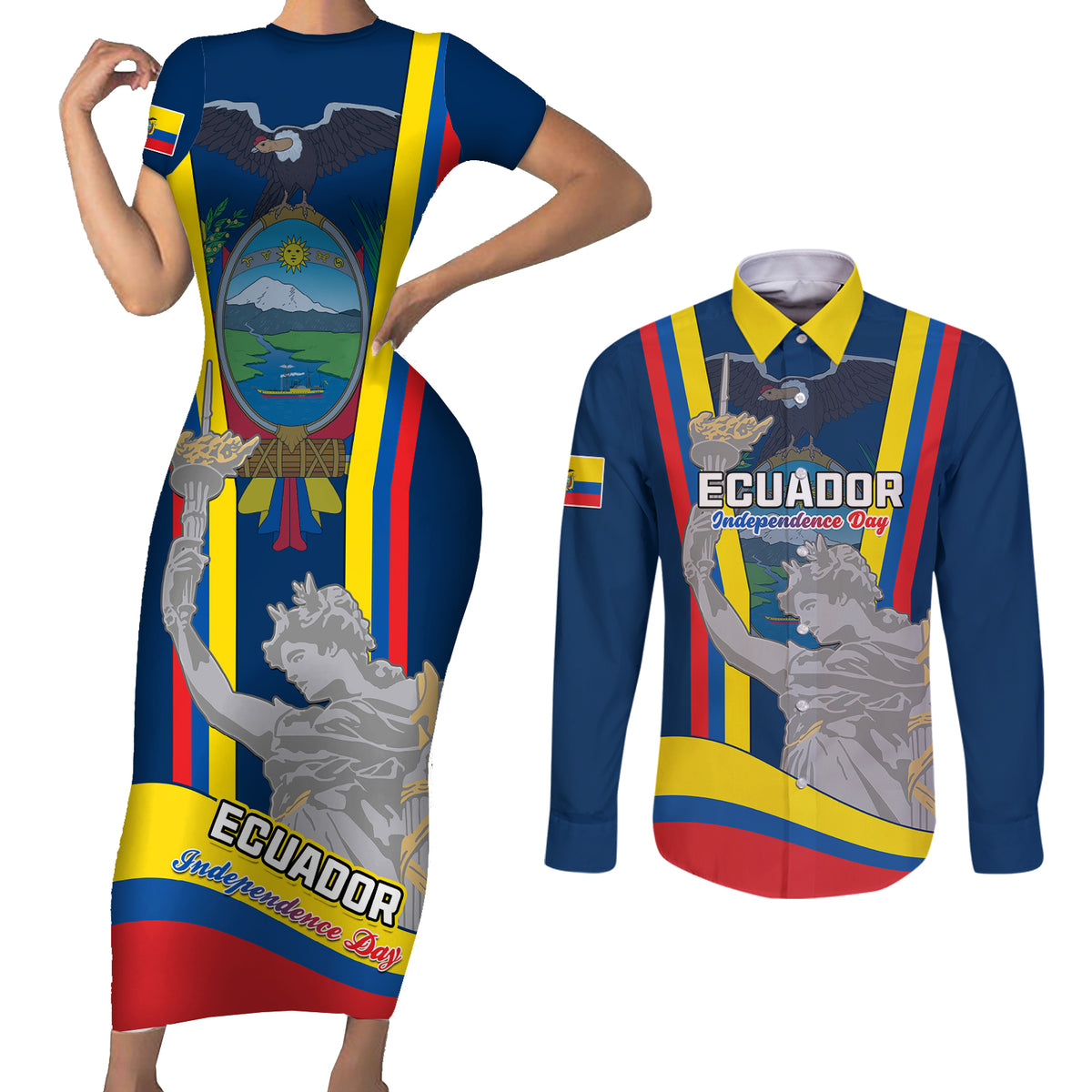 Custom Ecuador Independence Day Couples Matching Short Sleeve Bodycon Dress and Long Sleeve Button Shirts Monumento a la Independencia Quito 10th August - Wonder Print Shop