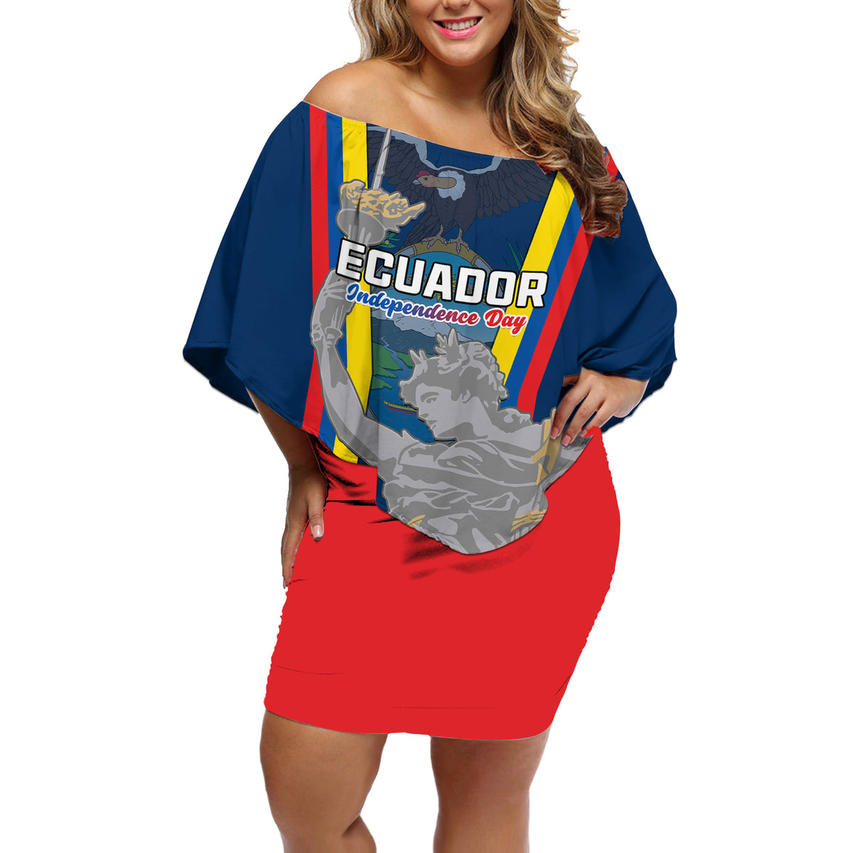 Custom Ecuador Independence Day Off Shoulder Short Dress Monumento a la Independencia Quito 10th August - Wonder Print Shop