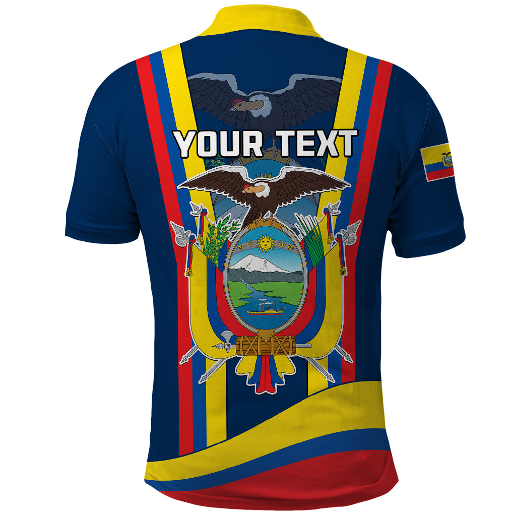 Blue polo shirt back with yellow collar, red stripes, Your Text and Ecuador crest graphic