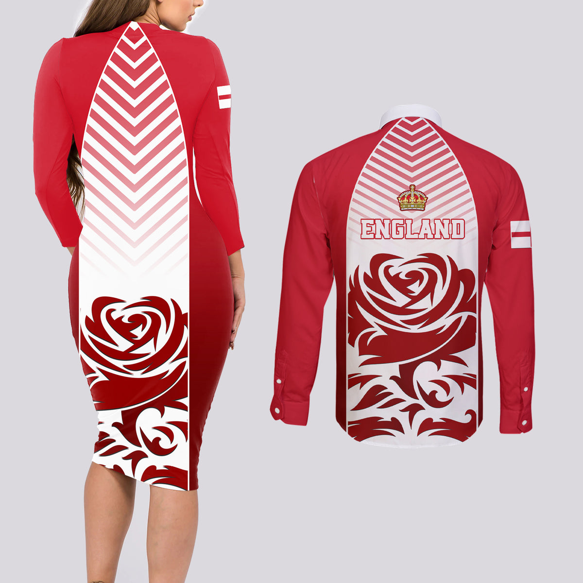 England Couples Matching Long Sleeve Bodycon Dress and Long Sleeve Button Shirts Three Lions and Tudor Rose - Wonder Print Shop