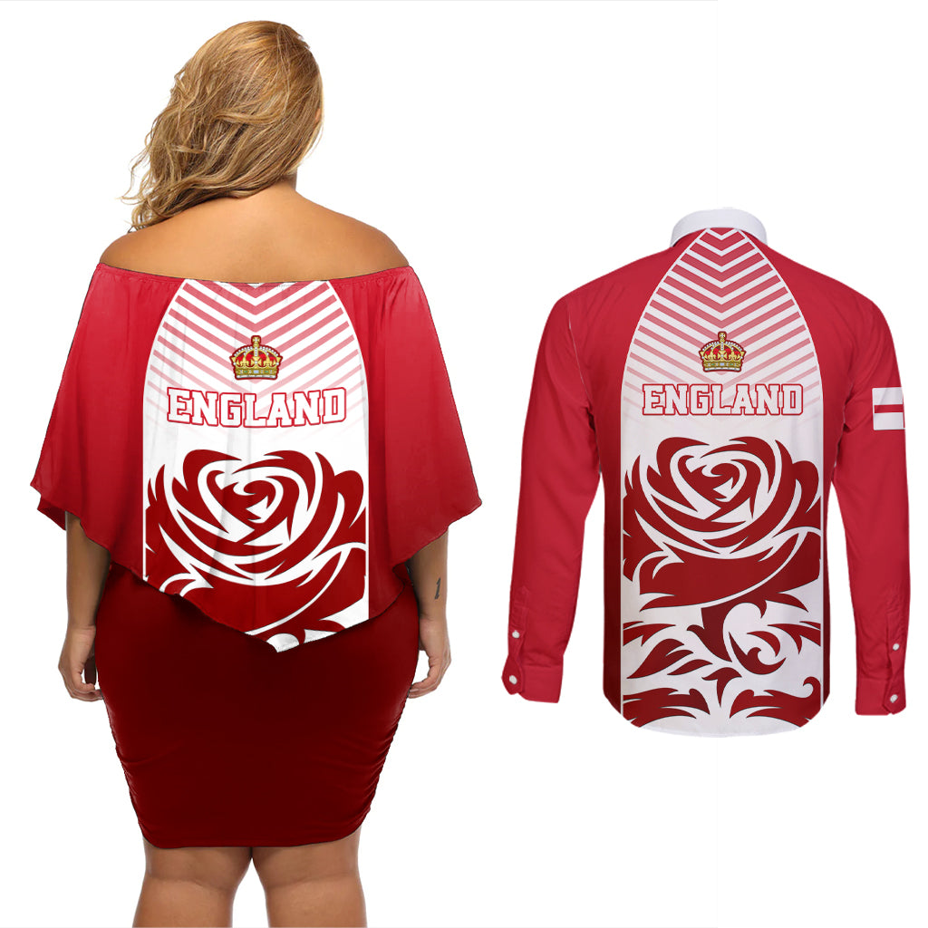 England Couples Matching Off Shoulder Short Dress and Long Sleeve Button Shirts Three Lions and Tudor Rose - Wonder Print Shop
