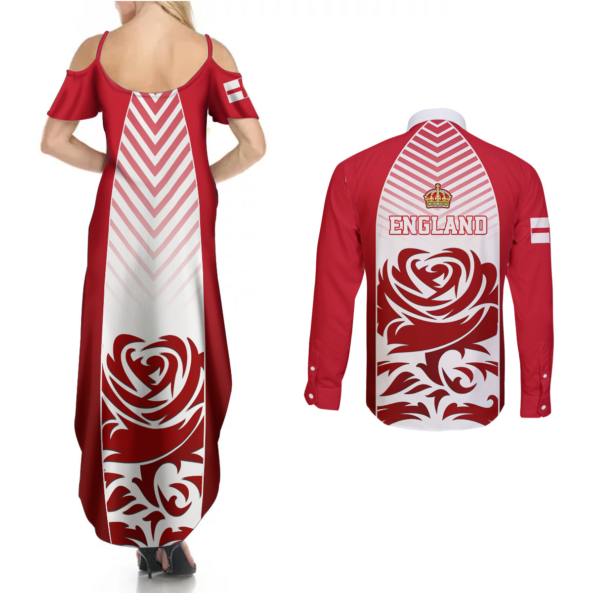 England Couples Matching Summer Maxi Dress and Long Sleeve Button Shirts Three Lions and Tudor Rose - Wonder Print Shop