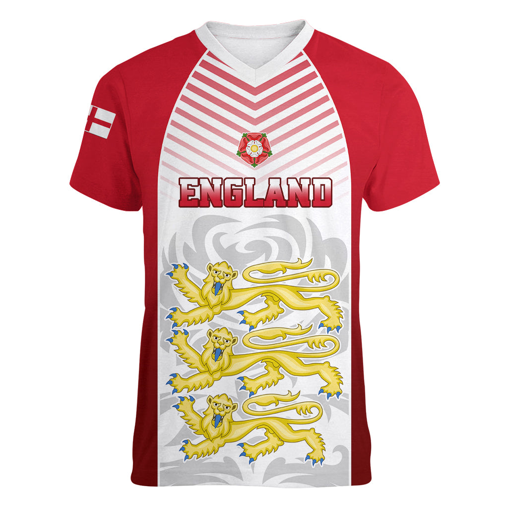 England Women V Neck T Shirt Three Lions and Tudor Rose - Wonder Print Shop