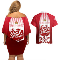 Personalised England Couples Matching Off Shoulder Short Dress and Hawaiian Shirt Three Lions and Tudor Rose - Wonder Print Shop