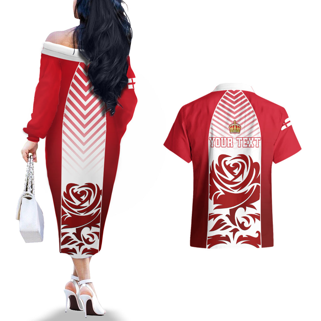 Personalised England Couples Matching Off The Shoulder Long Sleeve Dress and Hawaiian Shirt Three Lions and Tudor Rose - Wonder Print Shop