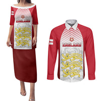 Personalised England Couples Matching Puletasi Dress and Long Sleeve Button Shirts Three Lions and Tudor Rose - Wonder Print Shop