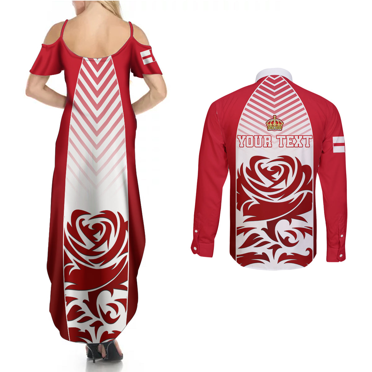 Personalised England Couples Matching Summer Maxi Dress and Long Sleeve Button Shirts Three Lions and Tudor Rose - Wonder Print Shop