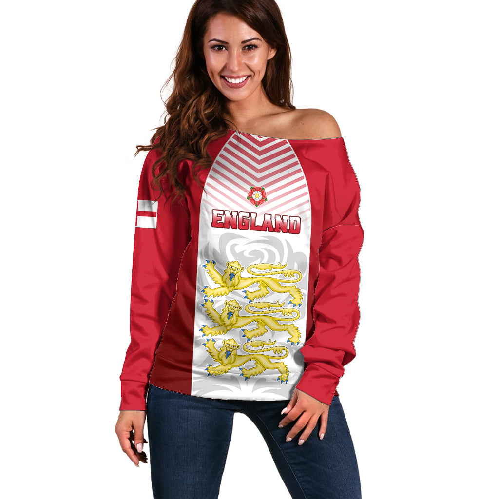Personalised England Off Shoulder Sweater Three Lions and Tudor Rose - Wonder Print Shop