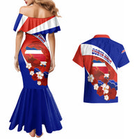 Costa Rica Couples Matching Mermaid Dress and Hawaiian Shirt Costa Rica Coat Of Arms With Flowers - Wonder Print Shop
