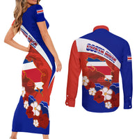 Costa Rica Couples Matching Short Sleeve Bodycon Dress and Long Sleeve Button Shirts Costa Rica Coat Of Arms With Flowers - Wonder Print Shop