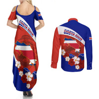 Costa Rica Couples Matching Summer Maxi Dress and Long Sleeve Button Shirts Costa Rica Coat Of Arms With Flowers - Wonder Print Shop