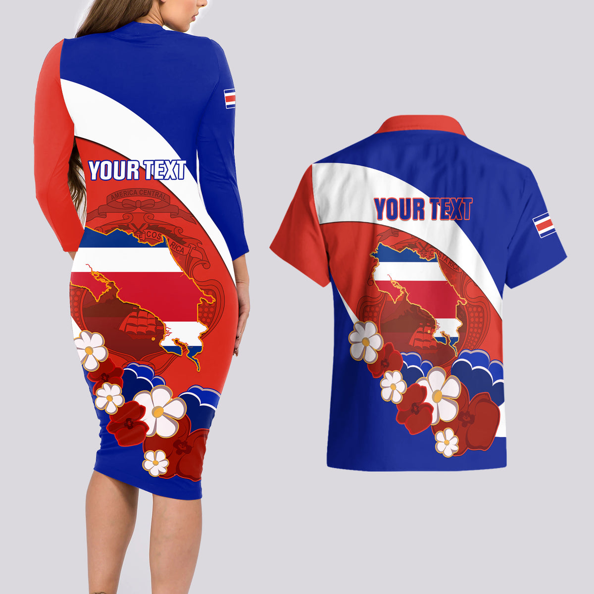 Personalised Costa Rica Couples Matching Long Sleeve Bodycon Dress and Hawaiian Shirt Costa Rica Coat Of Arms With Flowers - Wonder Print Shop