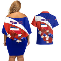 Personalised Costa Rica Couples Matching Off Shoulder Short Dress and Hawaiian Shirt Costa Rica Coat Of Arms With Flowers - Wonder Print Shop