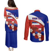 Personalised Costa Rica Couples Matching Puletasi Dress and Long Sleeve Button Shirts Costa Rica Coat Of Arms With Flowers - Wonder Print Shop