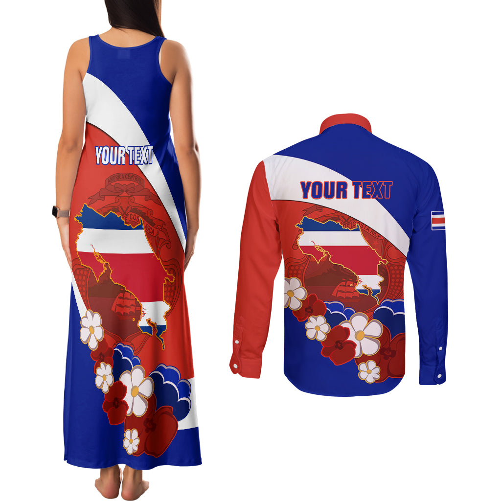 Personalised Costa Rica Couples Matching Tank Maxi Dress and Long Sleeve Button Shirts Costa Rica Coat Of Arms With Flowers - Wonder Print Shop