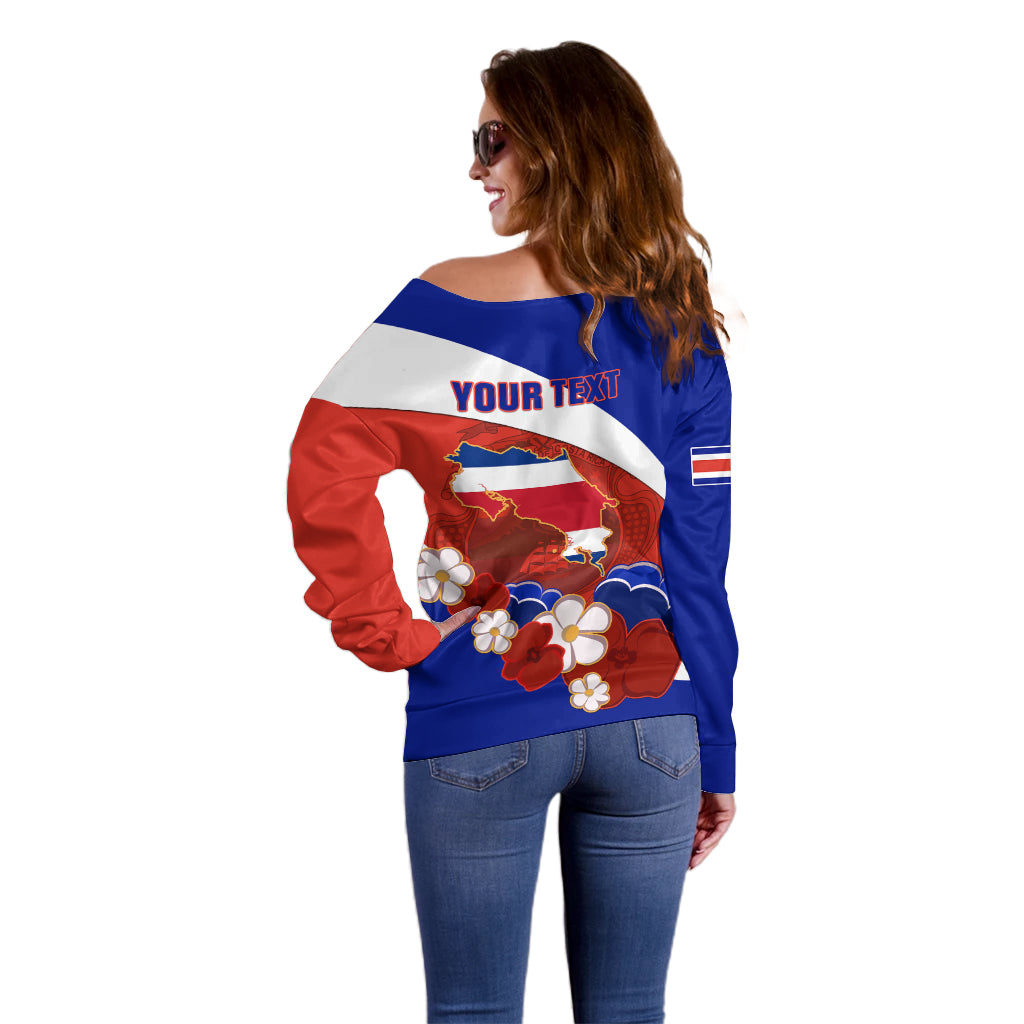 Personalised Costa Rica Off Shoulder Sweater Costa Rica Coat Of Arms With Flowers - Wonder Print Shop