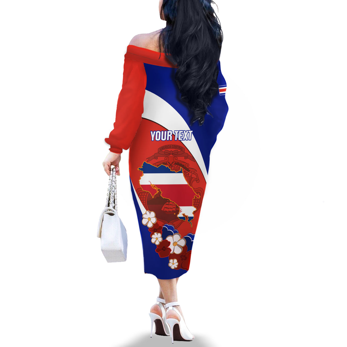 Personalised Costa Rica Off The Shoulder Long Sleeve Dress Costa Rica Coat Of Arms With Flowers - Wonder Print Shop