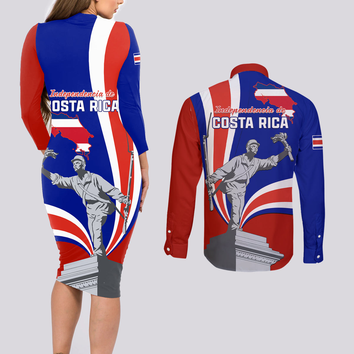 Costa Rica Independence Day Couples Matching Long Sleeve Bodycon Dress and Long Sleeve Button Shirts Juan Santamaria National Hero - Wonder Print Shop