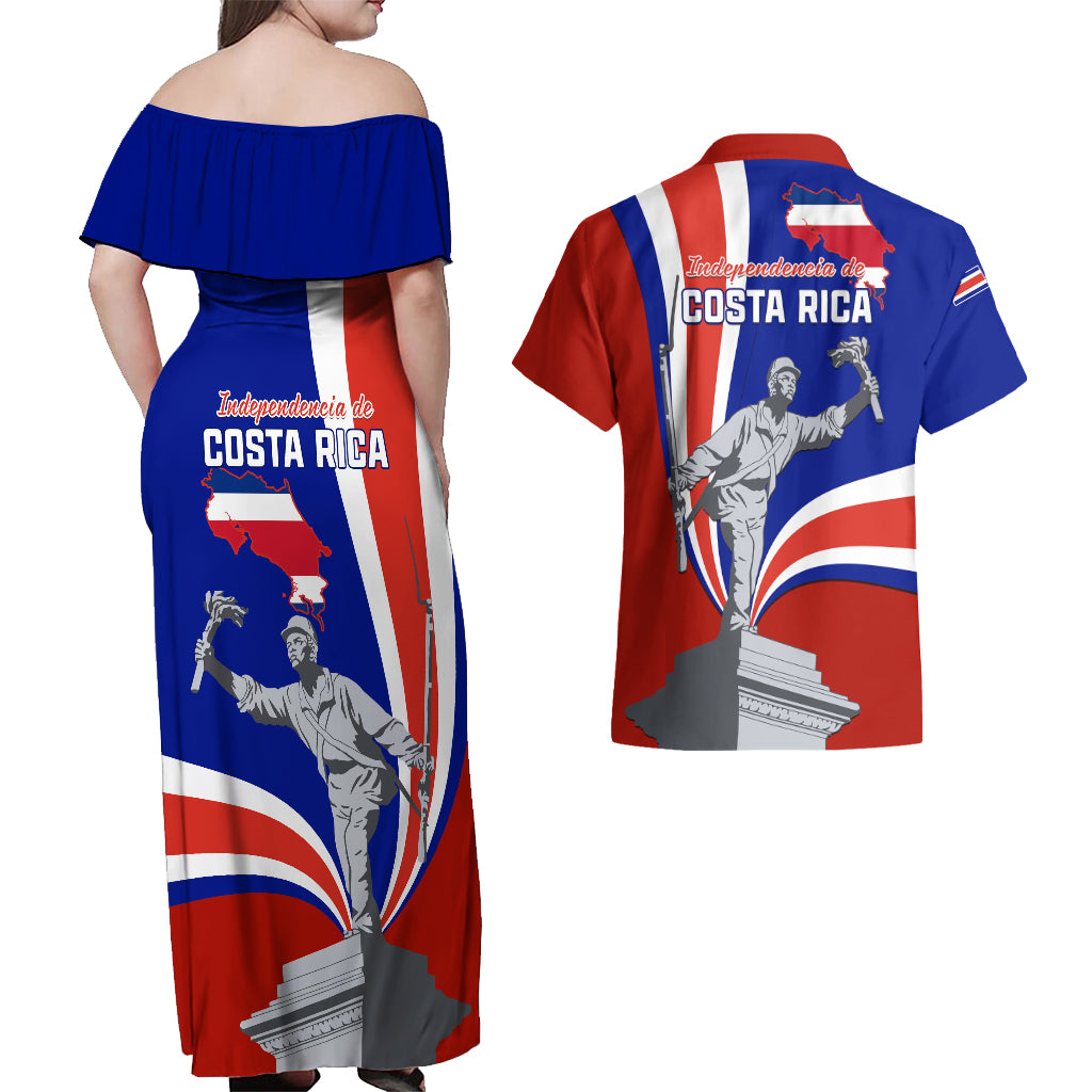 Costa Rica Independence Day Couples Matching Off Shoulder Maxi Dress and Hawaiian Shirt Juan Santamaria National Hero - Wonder Print Shop