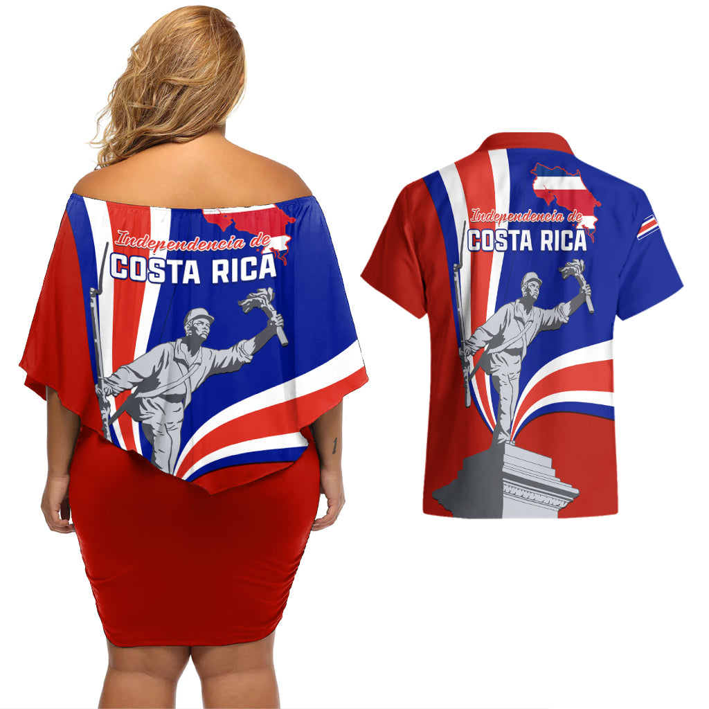 Costa Rica Independence Day Couples Matching Off Shoulder Short Dress and Hawaiian Shirt Juan Santamaria National Hero - Wonder Print Shop