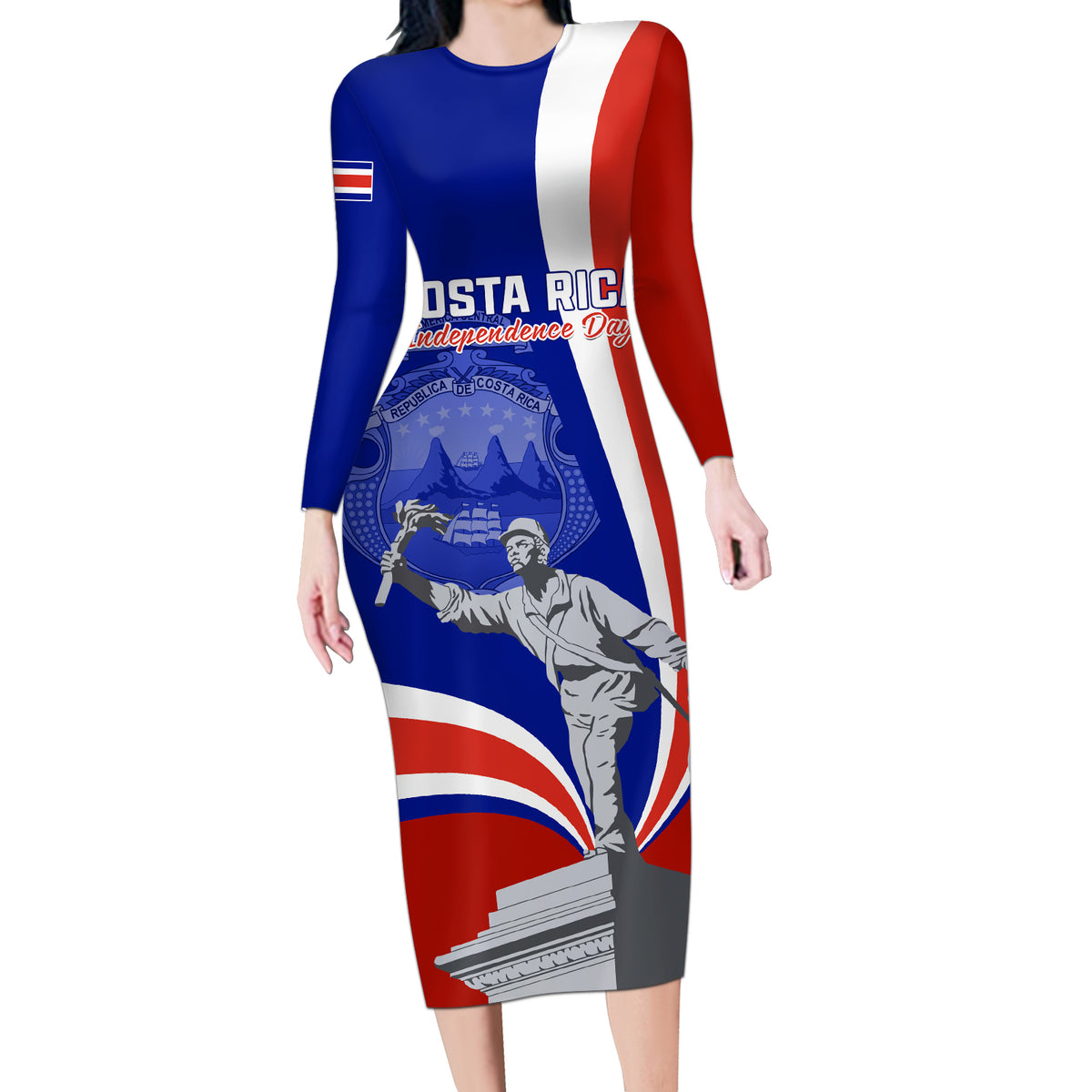 Costa Rica Independence Day Long Sleeve Bodycon Dress Juan Santamaria National Hero - Wonder Print Shop