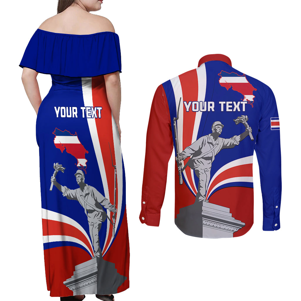 Personalised Costa Rica Independence Day Couples Matching Off Shoulder Maxi Dress and Long Sleeve Button Shirts Juan Santamaria National Hero - Wonder Print Shop