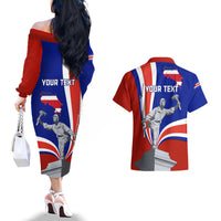 Personalised Costa Rica Independence Day Couples Matching Off The Shoulder Long Sleeve Dress and Hawaiian Shirt Juan Santamaria National Hero - Wonder Print Shop