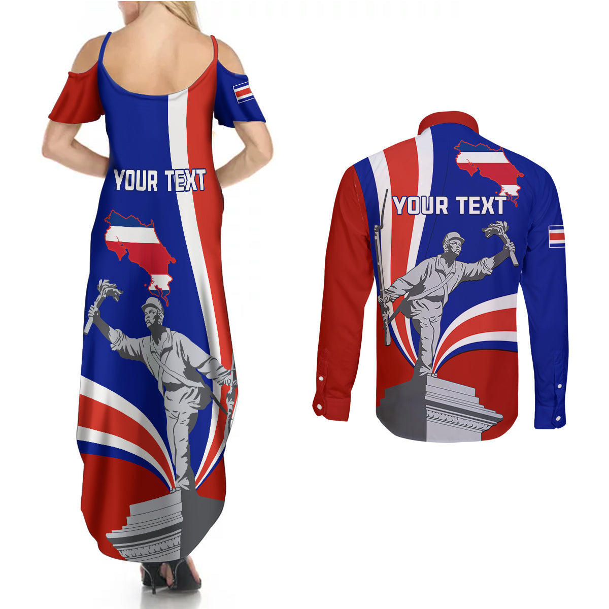 Personalised Costa Rica Independence Day Couples Matching Summer Maxi Dress and Long Sleeve Button Shirts Juan Santamaria National Hero - Wonder Print Shop