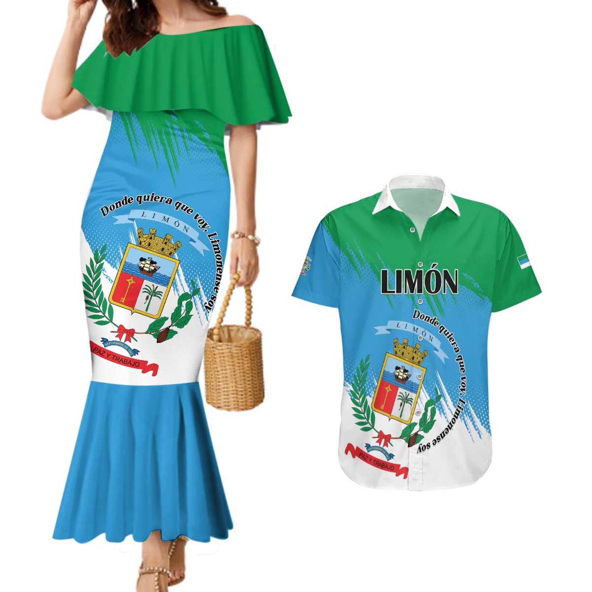 Personalized Costa Rica Limón Province Couples Matching Mermaid Dress and Hawaiian Shirt Donde Quiera Que Voy Limonense Soy - Wonder Print Shop