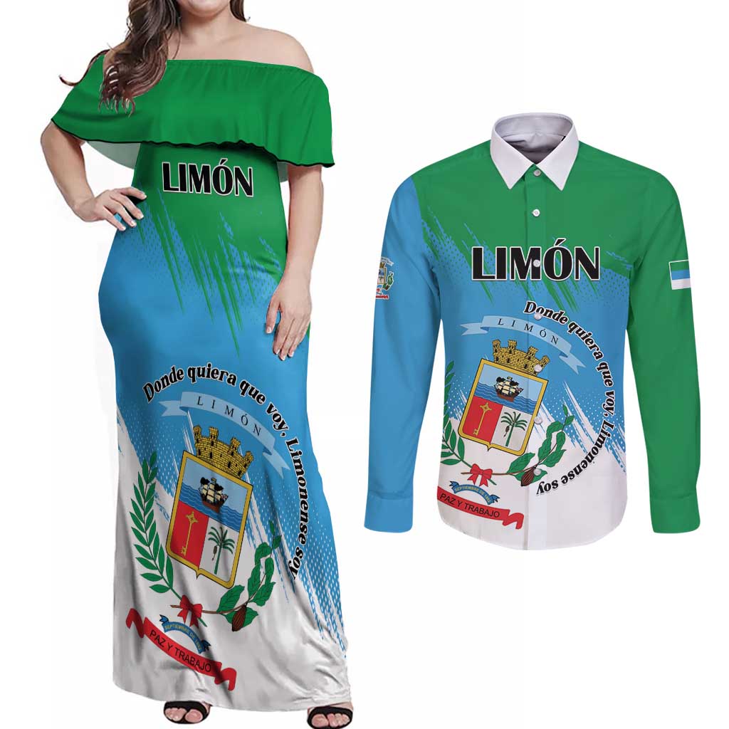 Personalized Costa Rica Limón Province Couples Matching Off Shoulder Maxi Dress and Long Sleeve Button Shirt Donde Quiera Que Voy Limonense Soy - Wonder Print Shop