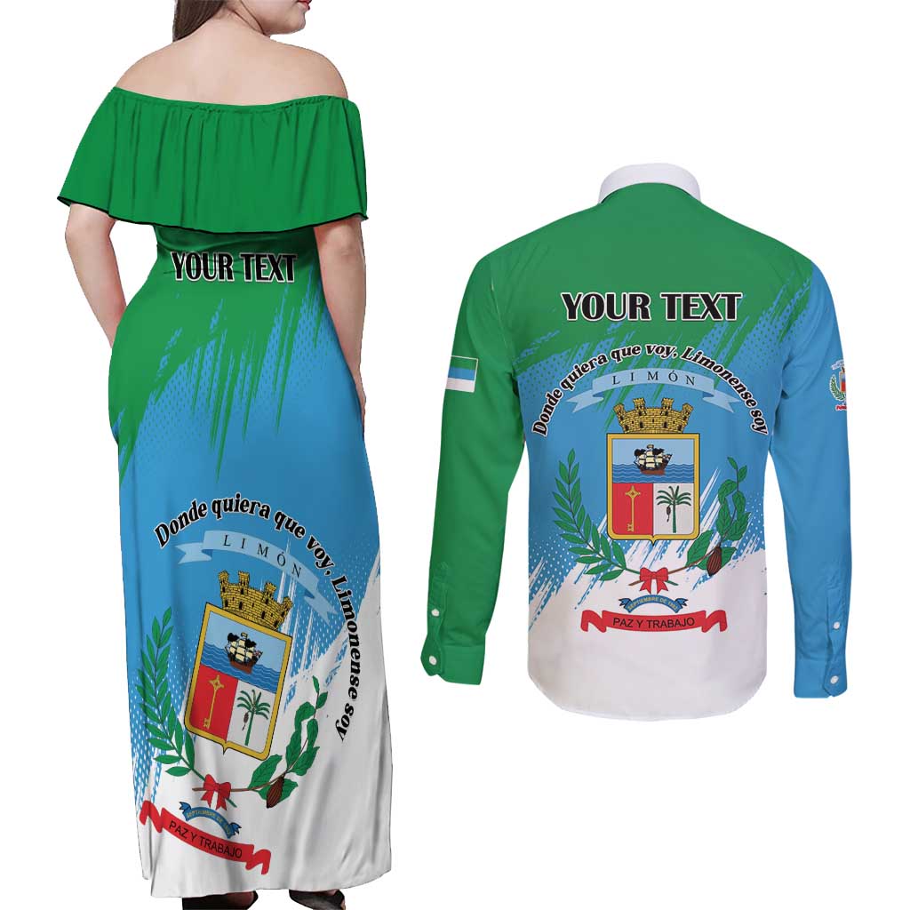 Personalized Costa Rica Limón Province Couples Matching Off Shoulder Maxi Dress and Long Sleeve Button Shirt Donde Quiera Que Voy Limonense Soy - Wonder Print Shop