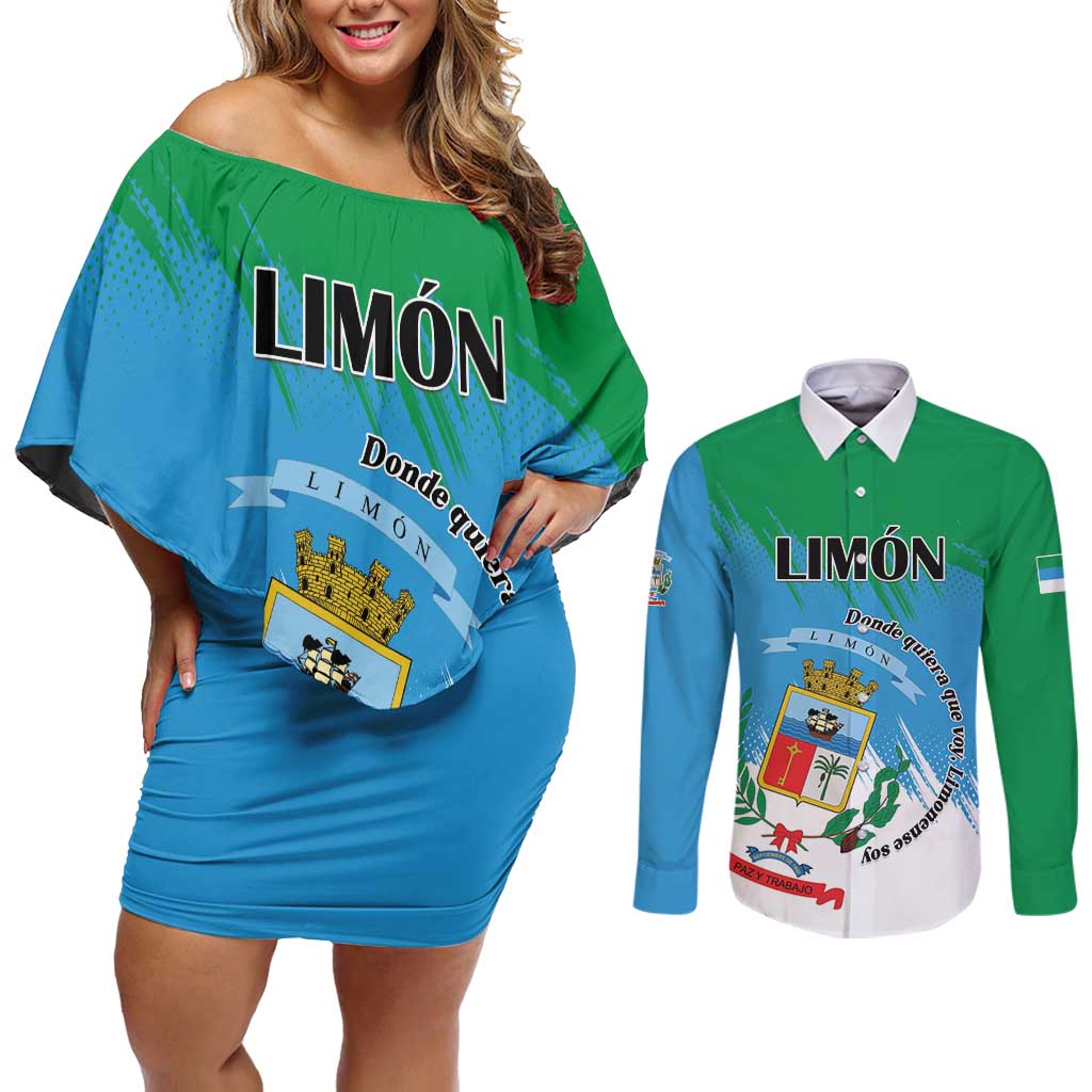 Personalized Costa Rica Limón Province Couples Matching Off Shoulder Short Dress and Long Sleeve Button Shirt Donde Quiera Que Voy Limonense Soy - Wonder Print Shop
