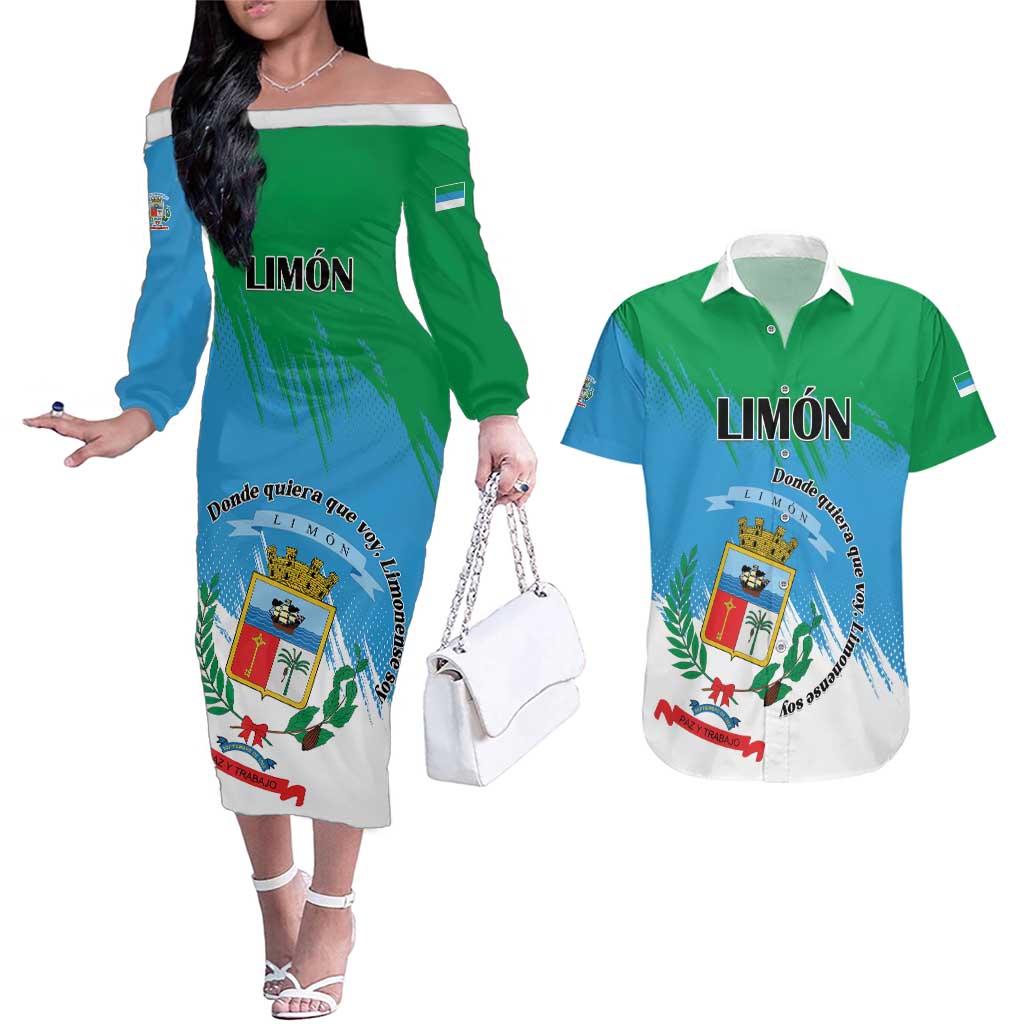Personalized Costa Rica Limón Province Couples Matching Off The Shoulder Long Sleeve Dress and Hawaiian Shirt Donde Quiera Que Voy Limonense Soy - Wonder Print Shop