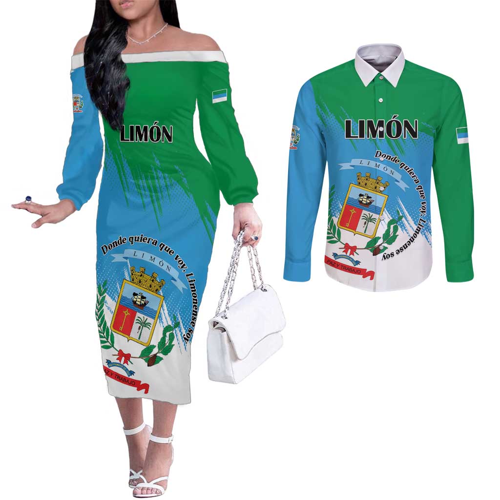 Personalized Costa Rica Limón Province Couples Matching Off The Shoulder Long Sleeve Dress and Long Sleeve Button Shirt Donde Quiera Que Voy Limonense Soy - Wonder Print Shop