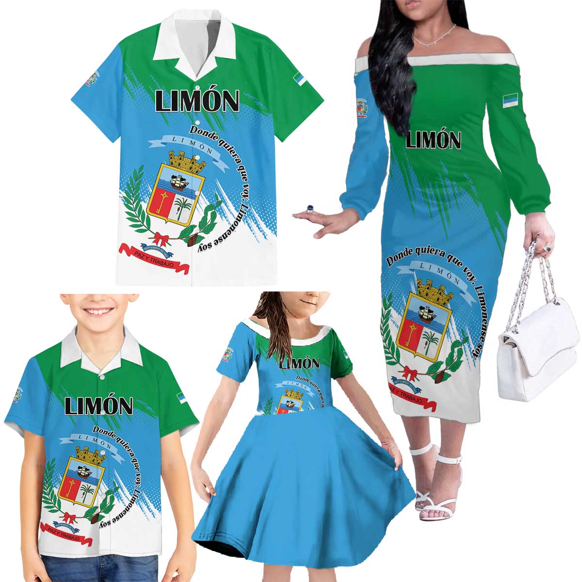 Personalized Costa Rica Limón Province Family Matching Off The Shoulder Long Sleeve Dress and Hawaiian Shirt Donde Quiera Que Voy Limonense Soy - Wonder Print Shop