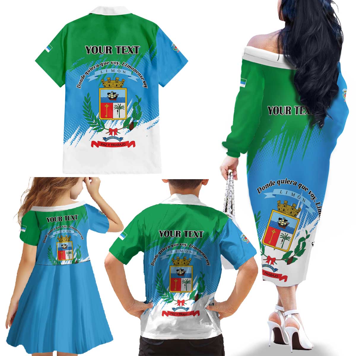 Personalized Costa Rica Limón Province Family Matching Off The Shoulder Long Sleeve Dress and Hawaiian Shirt Donde Quiera Que Voy Limonense Soy - Wonder Print Shop
