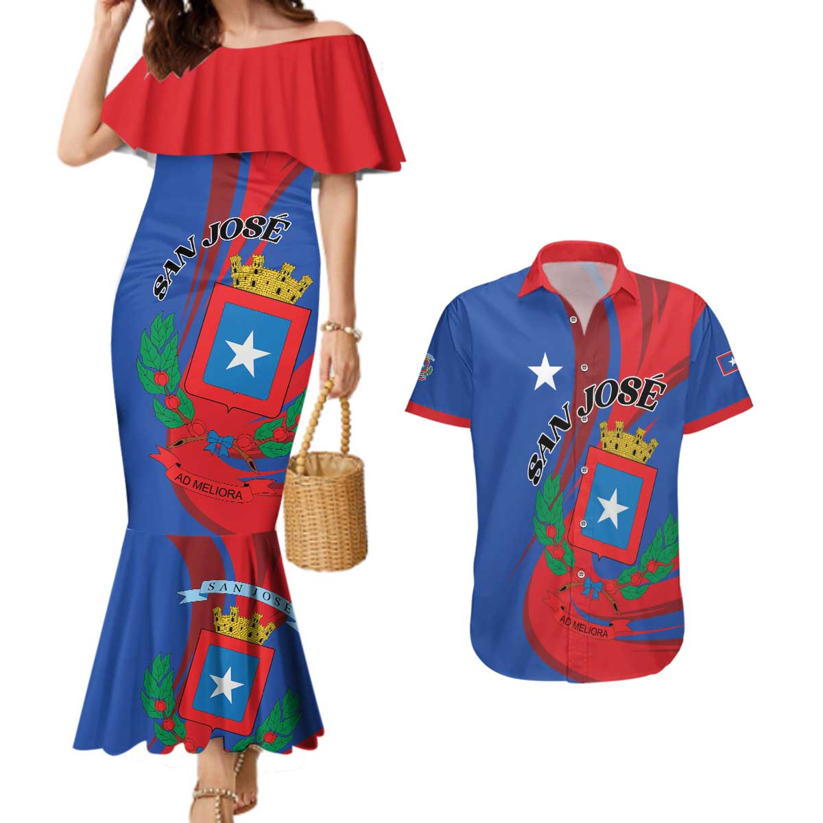 Personalized Costa Rica San José Couples Matching Mermaid Dress and Hawaiian Shirt Ad Meliora - Wonder Print Shop