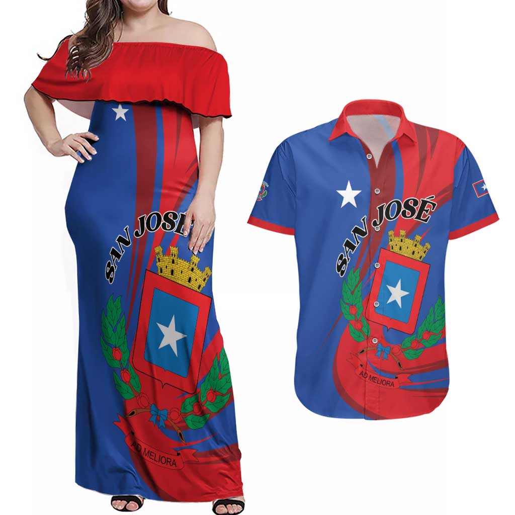 Personalized Costa Rica San José Couples Matching Off Shoulder Maxi Dress and Hawaiian Shirt Ad Meliora - Wonder Print Shop